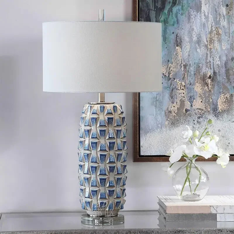 Elegant Blue Ceramic Table Lamp with Prismatic Crystal Ornaments - Modern Lighting for Living Room and Bedroom Décor