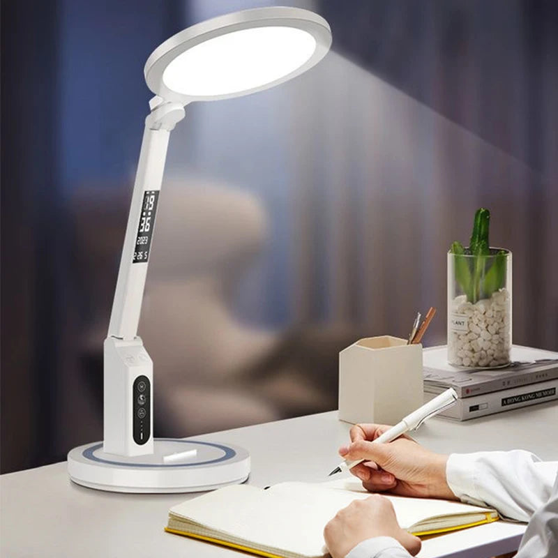 LED Clock Table Lamp – Dimmable, Foldable, and USB Rechargeable Desk Lamp for Eye Protection