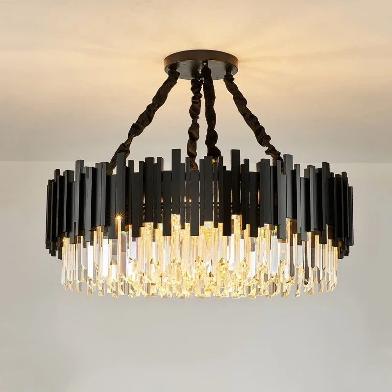 Modern Crystal Chandelier Black for Living Room Bedroom LED Pendant Light Oval Long Dining Room Hotel Hall Decor Hanging Lamp