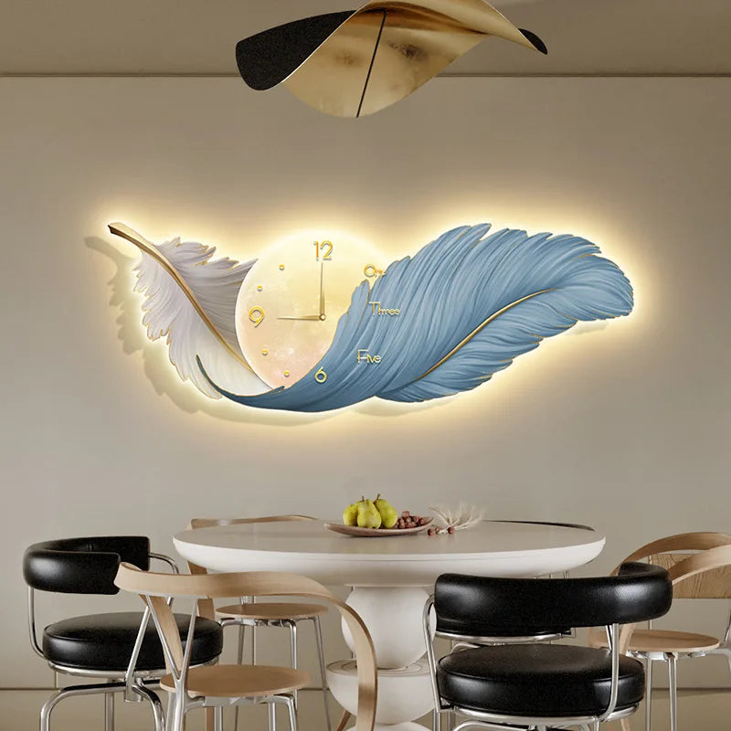 Elegant LED Wall Lamp with Feather Design and Integrated Clock for Modern Home Decor