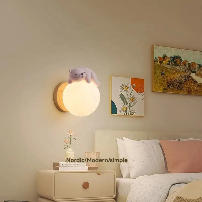 Modern Sleeping Bear Moon Wall Lamp for Boys and Girls Room