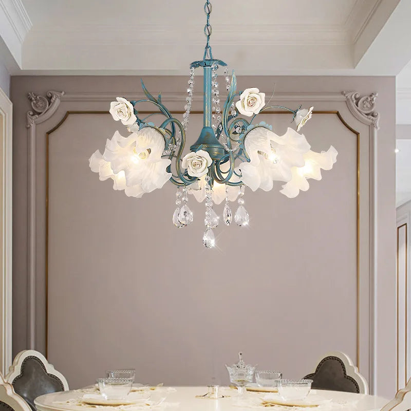 SANDYHA Modern Pendant Lights French Pastoral Flowers Glass Crystal Chandelier Living Dining Room Home Decor Lustre Design Luxe