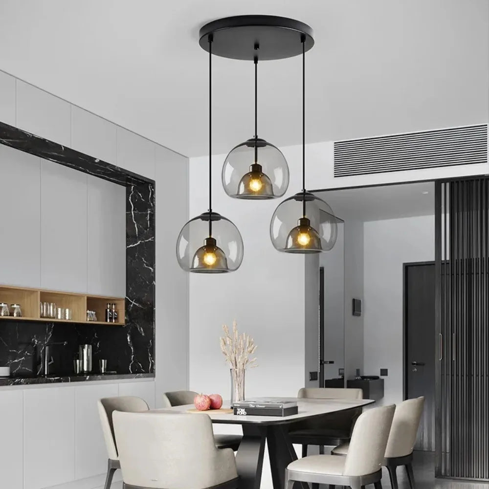 Nordic LED Smoke Gray Glass Pendant Light - Art Deco Chandelier for Versatile Room Illumination