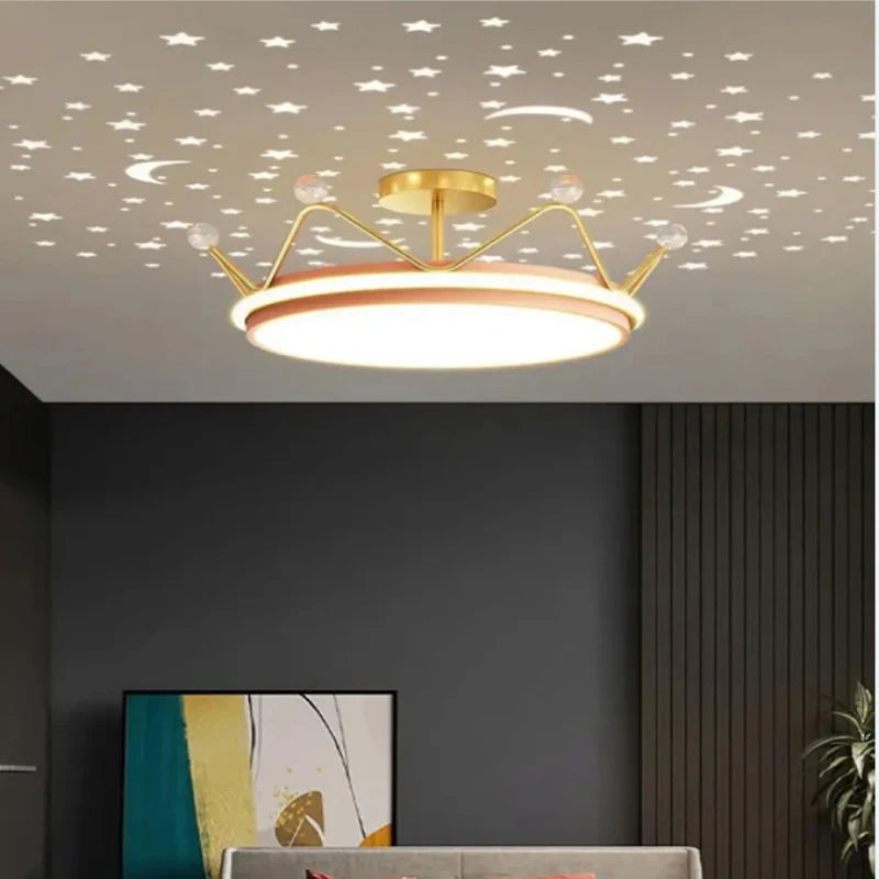 Crown LED Dimmable Ceiling Chandelier – Star and Moon Lamp Pendant for Children's Bedroom and Study