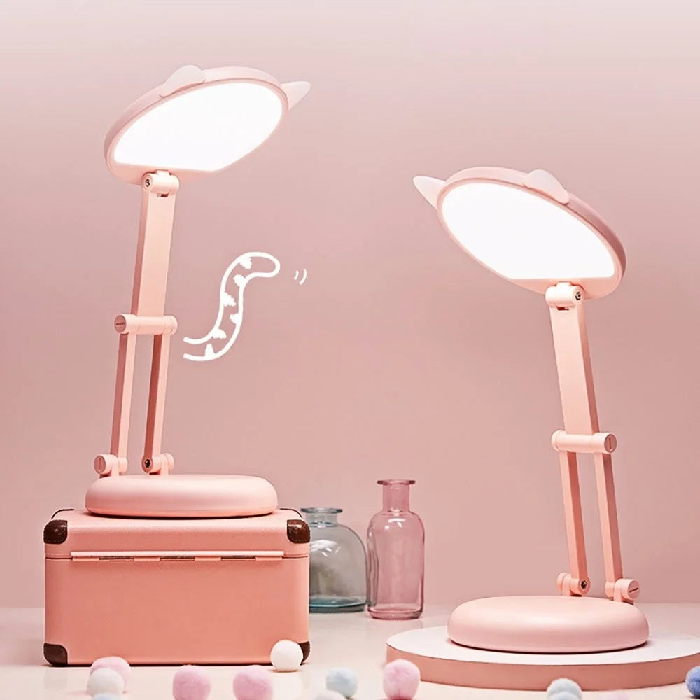 Adorable Folding Pink Cat Ear Desk Lamp - Portable Eye Protection Night Light for Reading and Learning